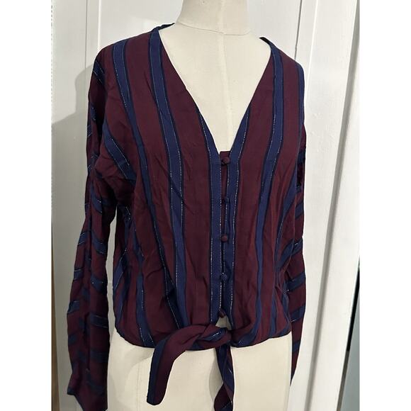 Rails Sloane Blouse in Janeiro Stripe Burgundy Navy Metallic V Neck XS - Picture 6 of 10